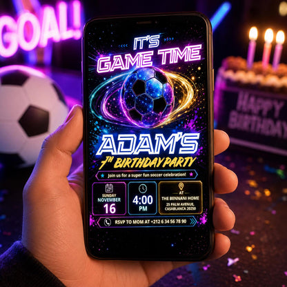 Editable Football Birthday Invitation Canva Template, Neon Boys Kids Teens Sport Cute Fun DIY Chic Party Invite, Printable Digital Download.