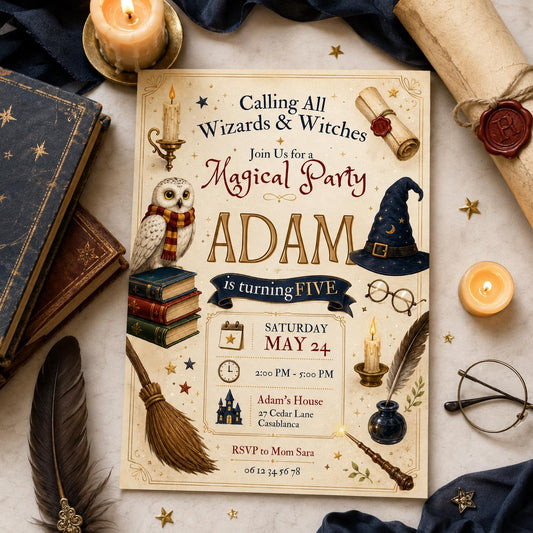 Editable Wizards Witches Birthday Invitation Canva Template, Cute Modern Fun Themed DIY Sweet Chic Party Invite, Printable Digital Download.