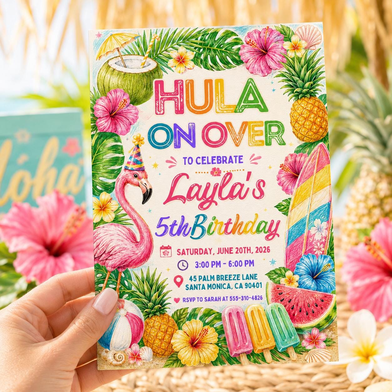 Editable Tropical Birthday Invitation Canva Template, Kids Summer Cute Modern Fun Themed DIY Sweet Party Invite, Printable Digital Download.