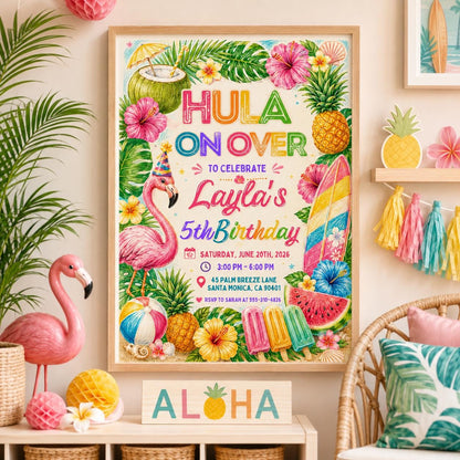 Editable Tropical Birthday Invitation Canva Template, Kids Summer Cute Modern Fun Themed DIY Sweet Party Invite, Printable Digital Download.
