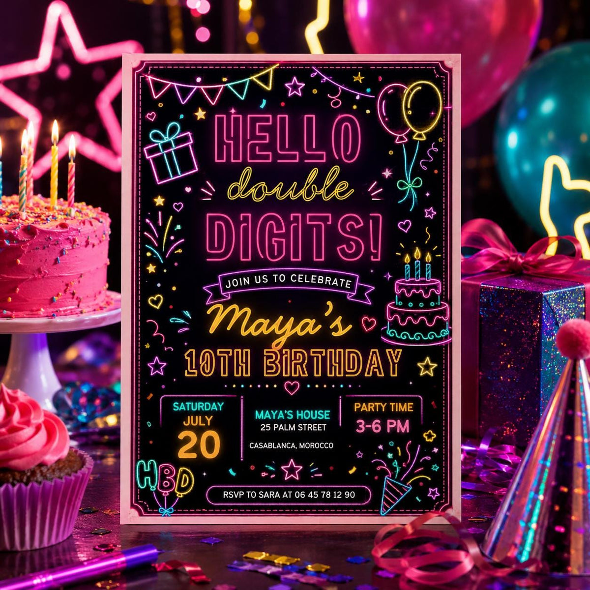 Editable Neon Glow Birthday Invitation Canva Template, Kids Teens Neon Cute Modern Fun Instant DIY Party Invite, Printable Digital Download.