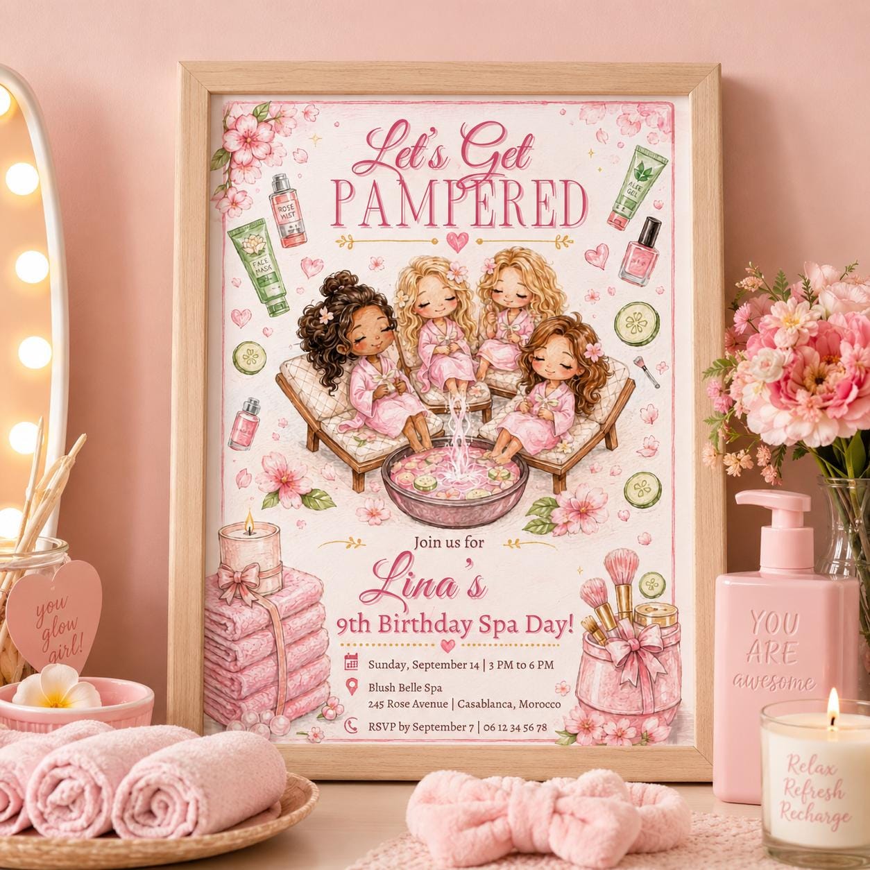 Editable Spa Birthday Invitation Canva Template, Girls Kids Spa Cute Fun DIY Sweet Chic Teen Tween Party Invite, Printable Digital Download.