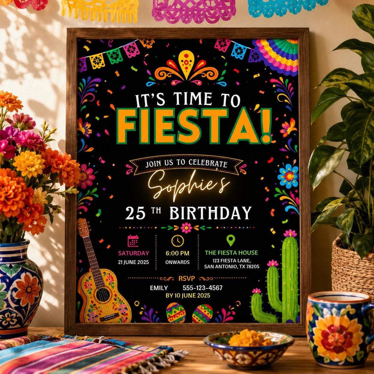Editable Floral Birthday Invitation Canva Template, Black Floral Cute Fun DIY Sweet Chic Kids Teen Party Invite, Printable Digital Download.