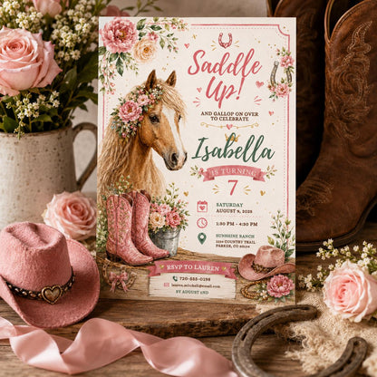Editable Western Cowgirl Birthday Invitation Canva Template, Pink Pastel Floral Girls Kids Fun DIY Party Invite, Printable Digital Download.