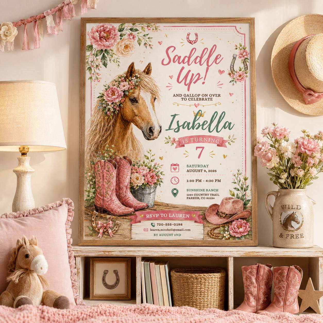 Editable Western Cowgirl Birthday Invitation Canva Template, Pink Pastel Floral Girls Kids Fun DIY Party Invite, Printable Digital Download.