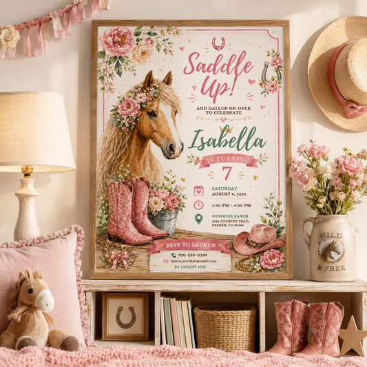 Editable Western Cowgirl Birthday Invitation Canva Template, Pink Pastel Floral Girls Kids Fun DIY Party Invite, Printable Digital Download.