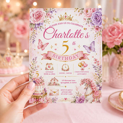 Editable Fairy Garden Birthday Invitation Canva Template, Pink Floral Girls Kids Cute Fun DIY Chic Party Invite, Printable Digital Download.