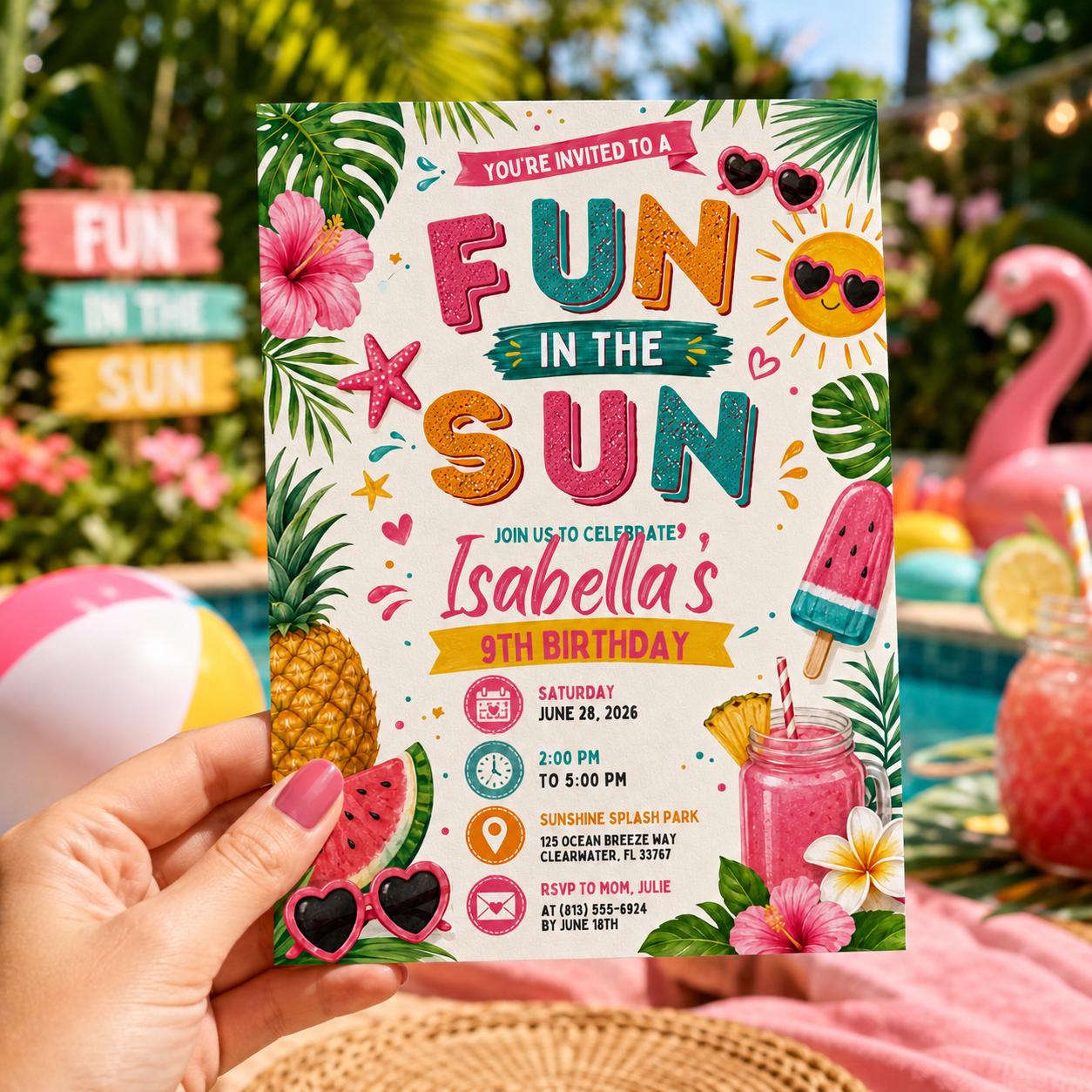 Editable Beach Birthday Invitation Canva Template, Kids Beach Cute Modern Fun Themed DIY Chic Teen Party Invite, Printable Digital Download.