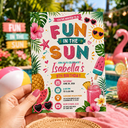 Editable Beach Birthday Invitation Canva Template, Kids Beach Cute Modern Fun Themed DIY Chic Teen Party Invite, Printable Digital Download.