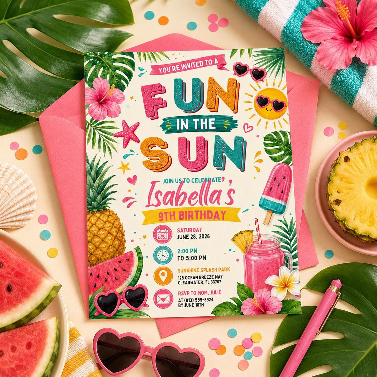 Editable Beach Birthday Invitation Canva Template, Kids Beach Cute Modern Fun Themed DIY Chic Teen Party Invite, Printable Digital Download.