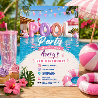 Editable Pool Birthday Invitation Canva Template, Pink Pastel Girls Pool Cute Modern Fun DIY Sweet Party Invite, Printable Digital Download.