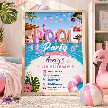 Editable Pool Birthday Invitation Canva Template, Pink Pastel Girls Pool Cute Modern Fun DIY Sweet Party Invite, Printable Digital Download.