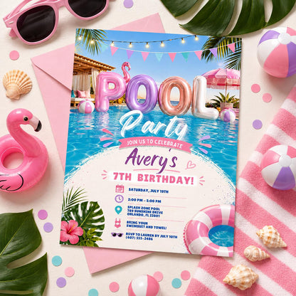 Editable Pool Birthday Invitation Canva Template, Pink Pastel Girls Pool Cute Modern Fun DIY Sweet Party Invite, Printable Digital Download.