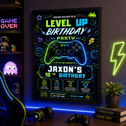 Editable Gamer Birthday Invitation Canva Template, Blue Green Neon Boys Cute Modern Fun Themed DIY Party Invite, Printable Digital Download.
