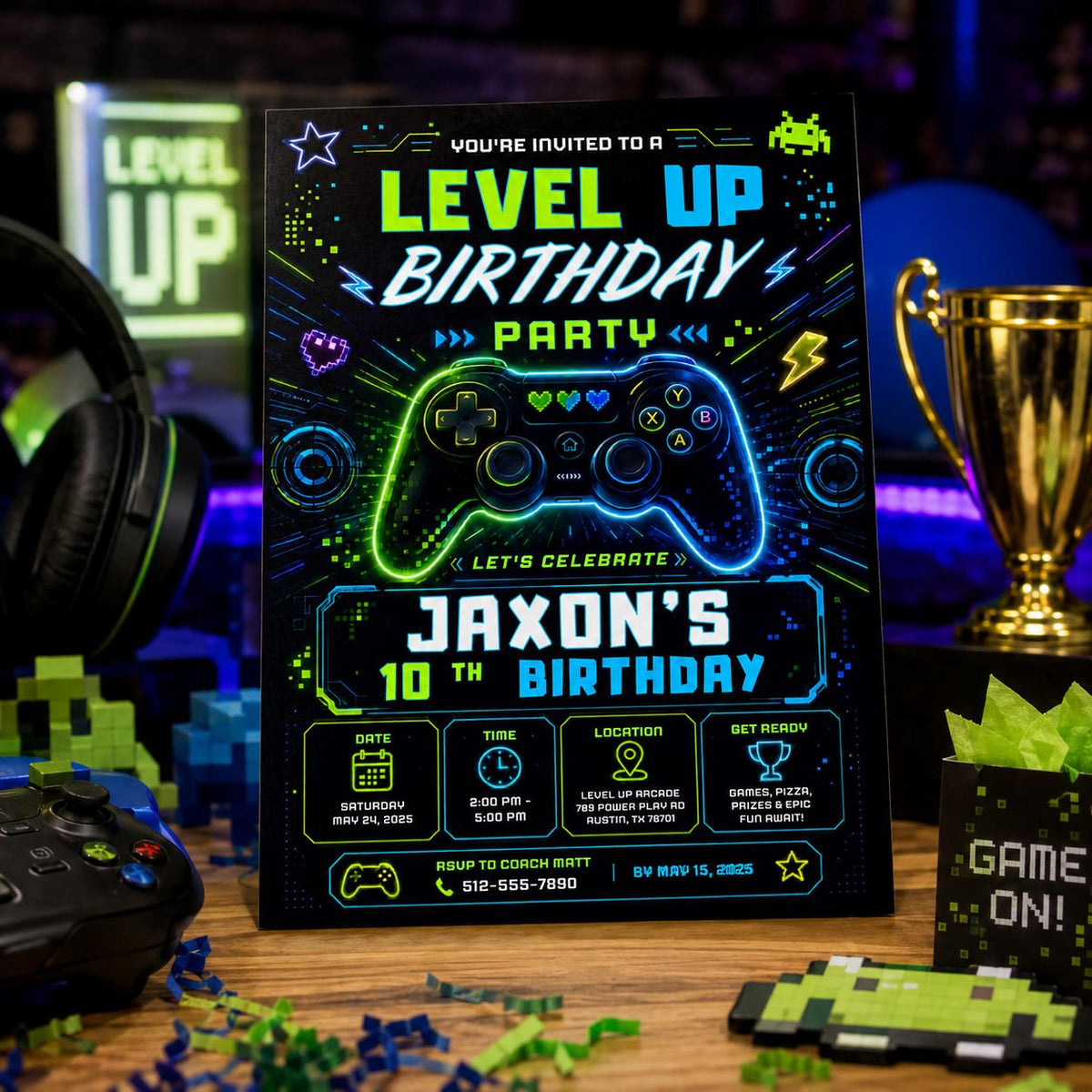 Editable Gamer Birthday Invitation Canva Template, Blue Green Neon Boys Cute Modern Fun Themed DIY Party Invite, Printable Digital Download.