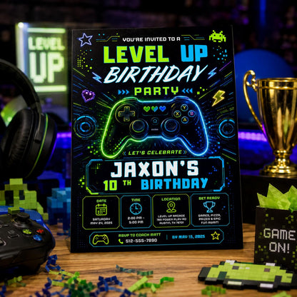 Editable Gamer Birthday Invitation Canva Template, Blue Green Neon Boys Cute Modern Fun Themed DIY Party Invite, Printable Digital Download.