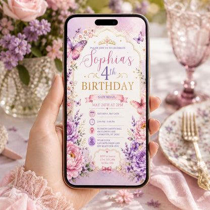 Editable Butterfly Birthday Invitation Canva Template, Pink Purple Pastel Floral Kids Cute Fun DIY Party Invite, Printable Digital Download.
