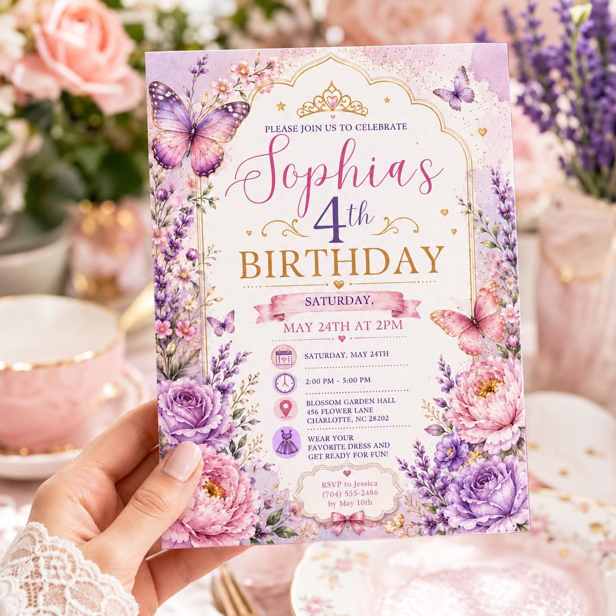 Editable Butterfly Birthday Invitation Canva Template, Pink Purple Pastel Floral Kids Cute Fun DIY Party Invite, Printable Digital Download.