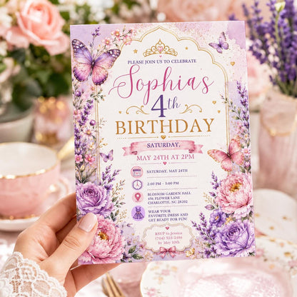 Editable Butterfly Birthday Invitation Canva Template, Pink Purple Pastel Floral Kids Cute Fun DIY Party Invite, Printable Digital Download.