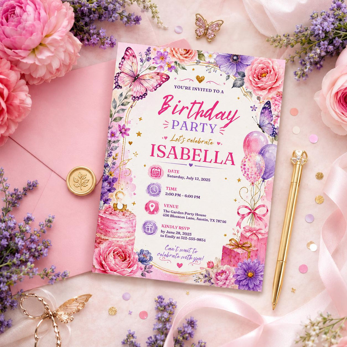 Editable Wildflower Birthday Invitation Canva Template, Pink Boho Girls Adult Any Age Cute Fun DIY Party Invite, Printable Digital Download.