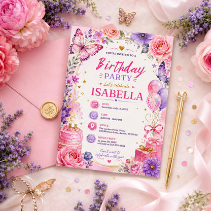Editable Wildflower Birthday Invitation Canva Template, Pink Boho Girls Adult Any Age Cute Fun DIY Party Invite, Printable Digital Download.