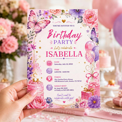 Editable Wildflower Birthday Invitation Canva Template, Pink Boho Girls Adult Any Age Cute Fun DIY Party Invite, Printable Digital Download.