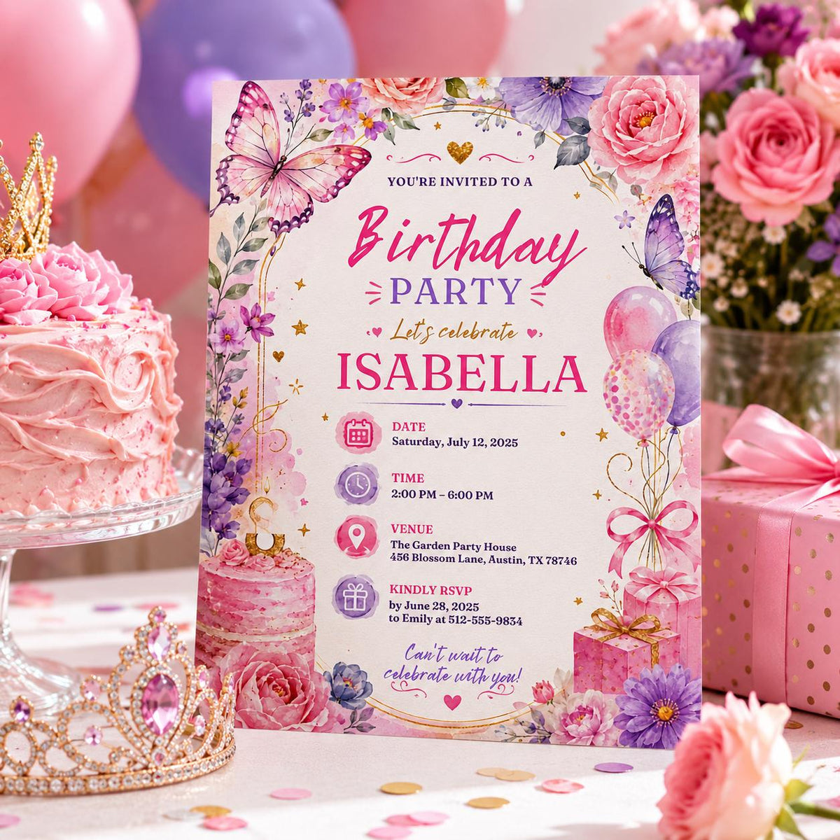 Editable Wildflower Birthday Invitation Canva Template, Pink Boho Girls Adult Any Age Cute Fun DIY Party Invite, Printable Digital Download.