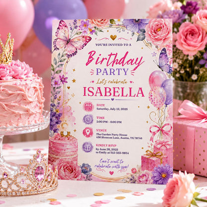 Editable Wildflower Birthday Invitation Canva Template, Pink Boho Girls Adult Any Age Cute Fun DIY Party Invite, Printable Digital Download.