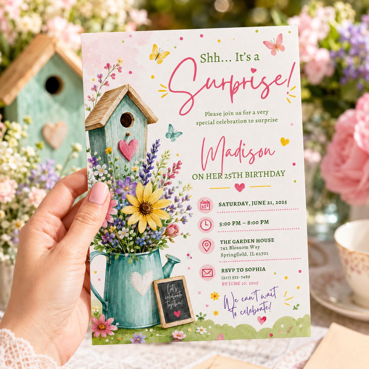 Editable Wildflowers Surprise 70th 80th Birthday Invitation Canva Template, Cute Fun DIY Chic Kids Party Invite, Printable Digital Download.