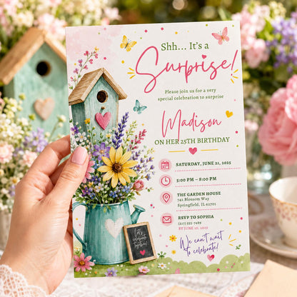 Editable Wildflowers Surprise 70th 80th Birthday Invitation Canva Template, Cute Fun DIY Chic Kids Party Invite, Printable Digital Download.