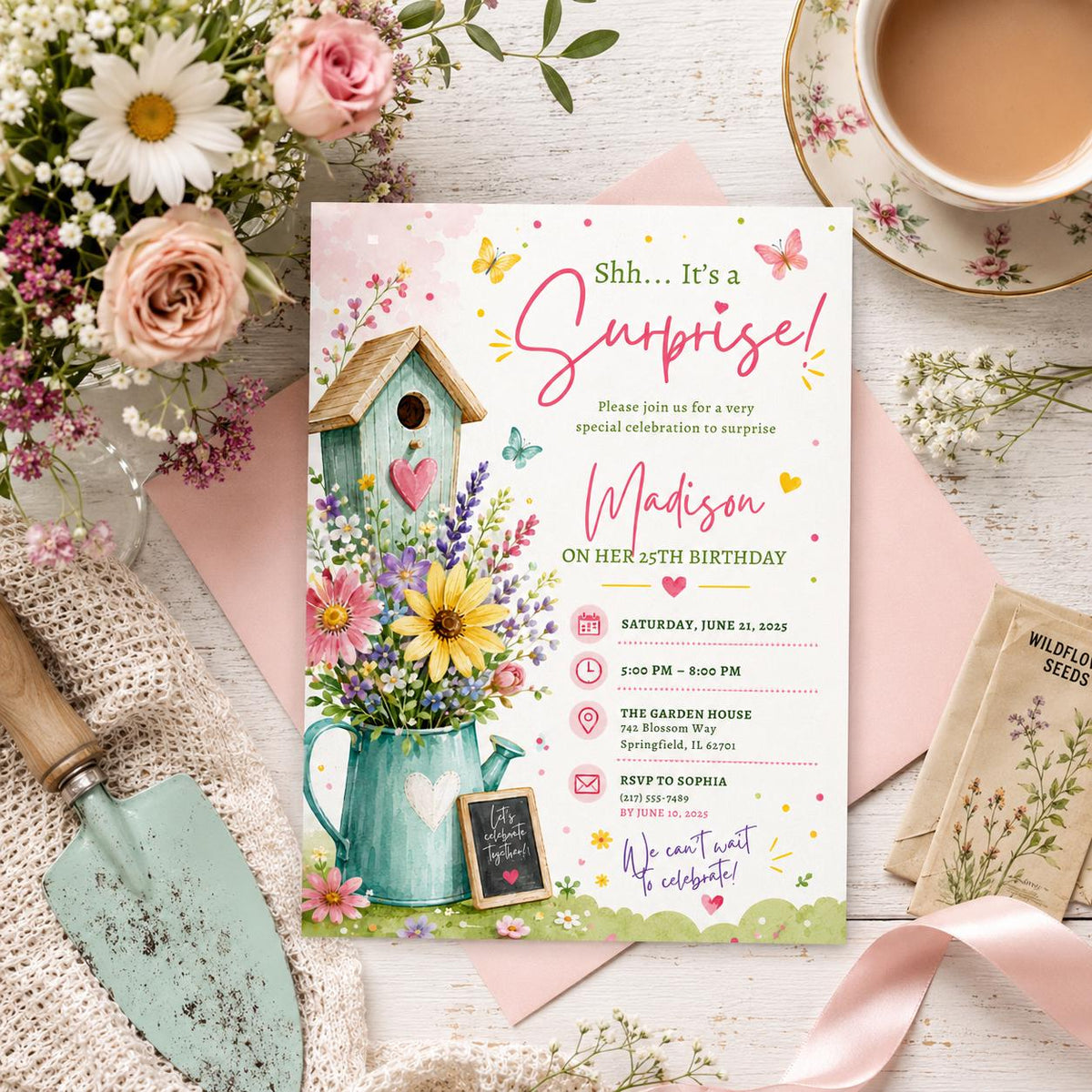 Editable Wildflowers Surprise 70th 80th Birthday Invitation Canva Template, Cute Fun DIY Chic Kids Party Invite, Printable Digital Download.