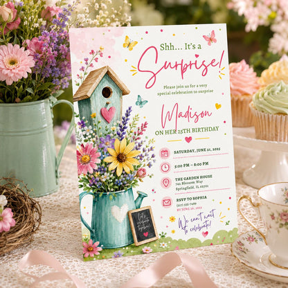 Editable Wildflowers Surprise 70th 80th Birthday Invitation Canva Template, Cute Fun DIY Chic Kids Party Invite, Printable Digital Download.