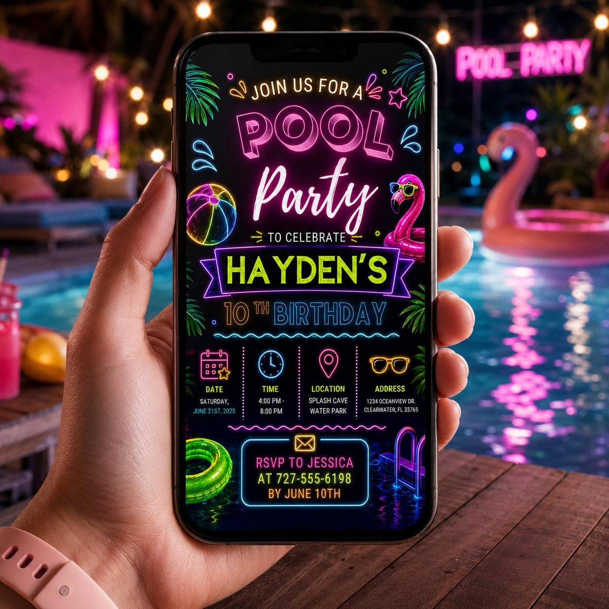 Editable Pool Birthday Invitation Canva Template, Floral Girls Teens Pool Cute Modern Fun DIY Chic Party Invite, Printable Digital Download.