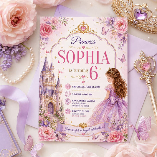 Editable Princess Birthday Invitation Canva Template, Girls Cute Modern Fun Themed Custom DIY Chic Party Invite, Printable Digital Download.