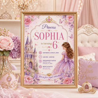 Editable Princess Birthday Invitation Canva Template, Girls Cute Modern Fun Themed Custom DIY Chic Party Invite, Printable Digital Download.