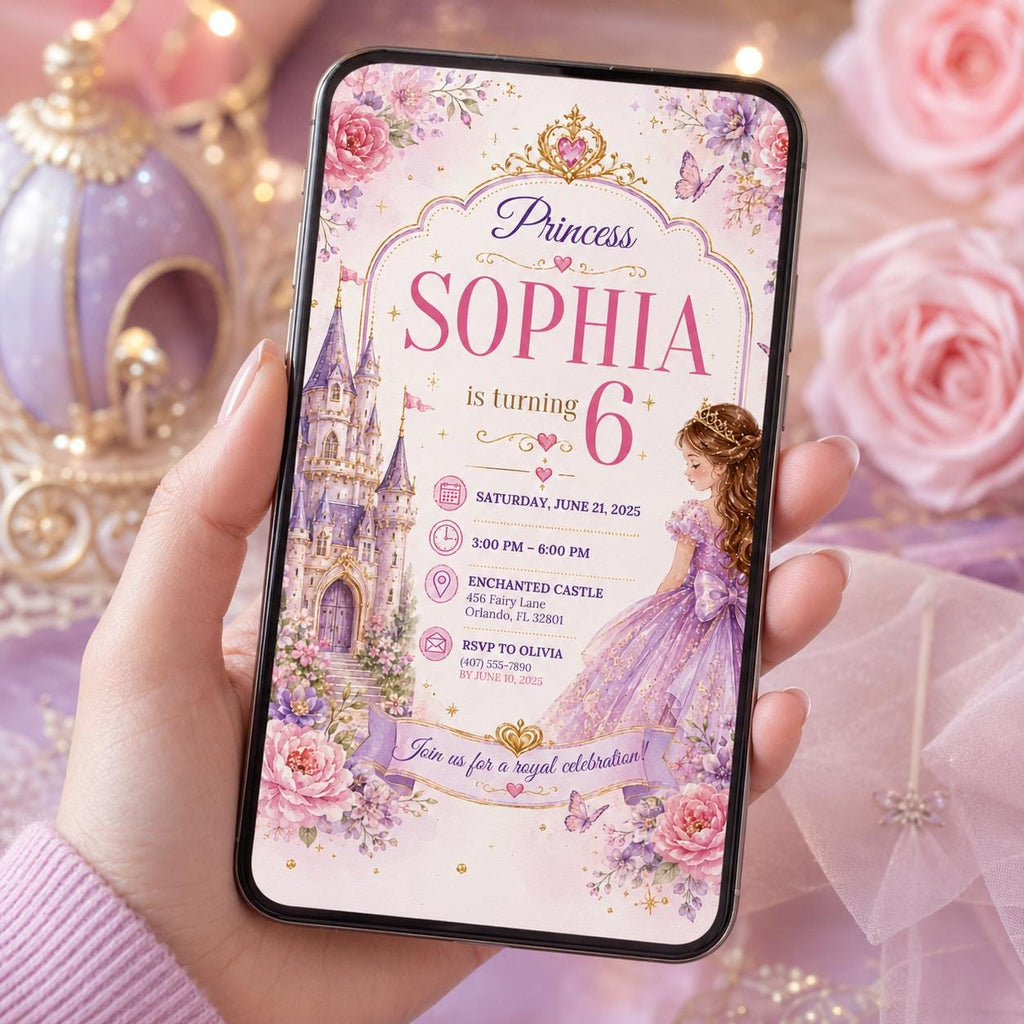 Editable Princess Birthday Invitation Canva Template, Girls Cute Modern Fun Themed Custom DIY Chic Party Invite, Printable Digital Download.