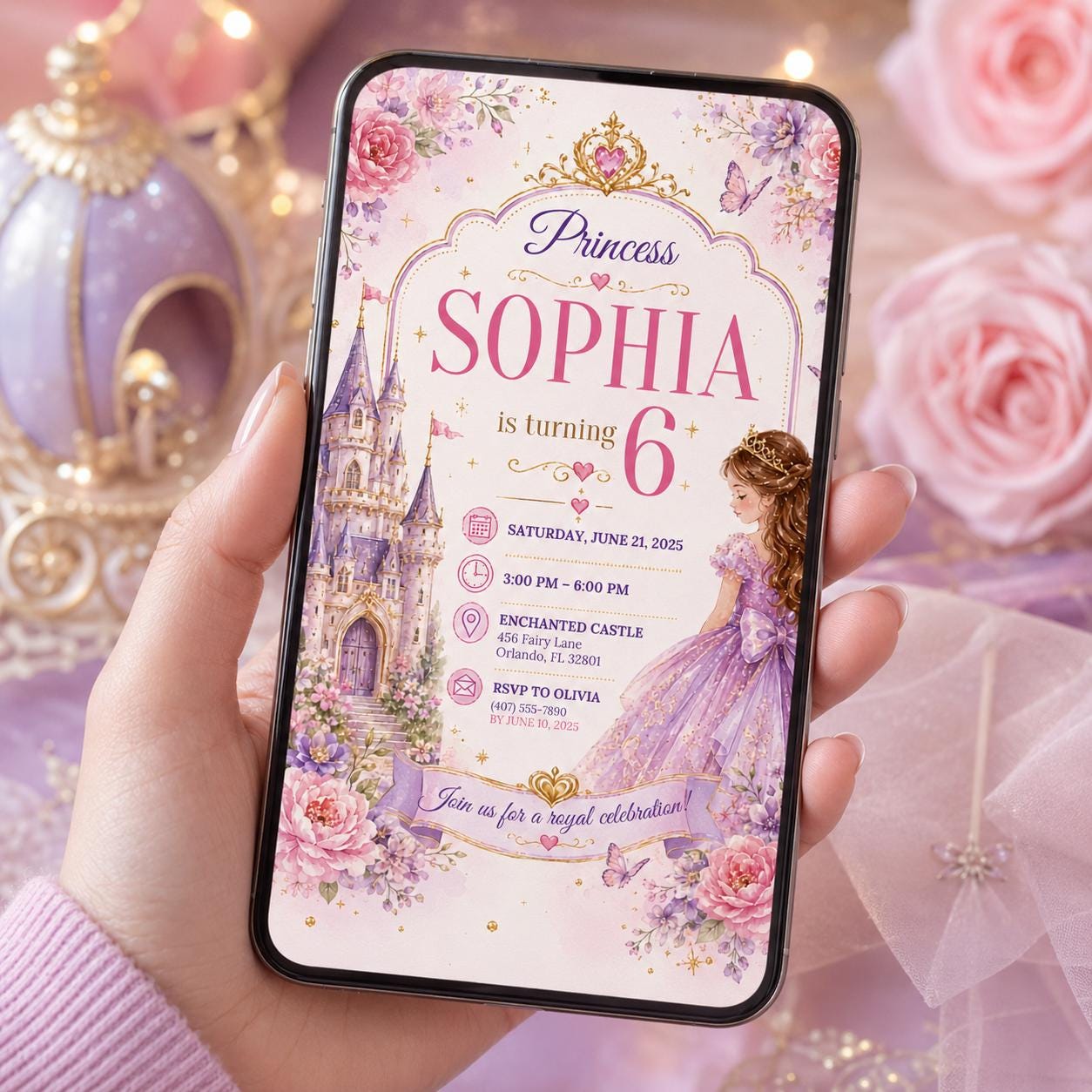 Editable Princess Birthday Invitation Canva Template, Girls Cute Modern Fun Themed Custom DIY Chic Party Invite, Printable Digital Download.