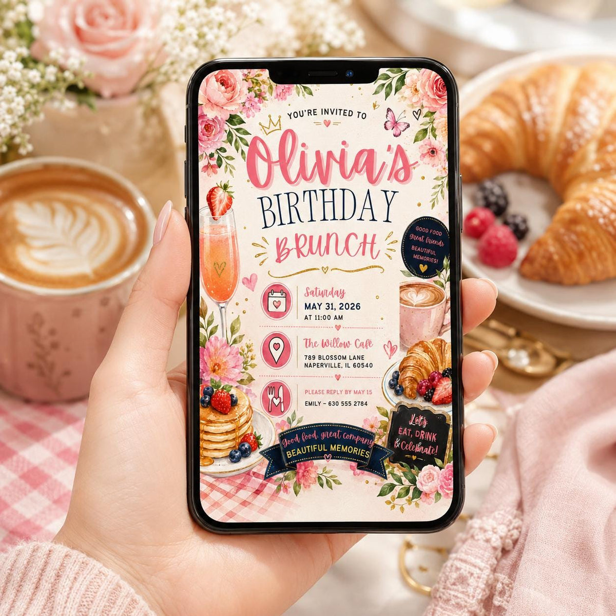 Editable Floral Birthday Invitation Canva Template, Pink Blush Girls Adult Cute Fun DIY Sweet Chic Party Invite, Printable Digital Download.