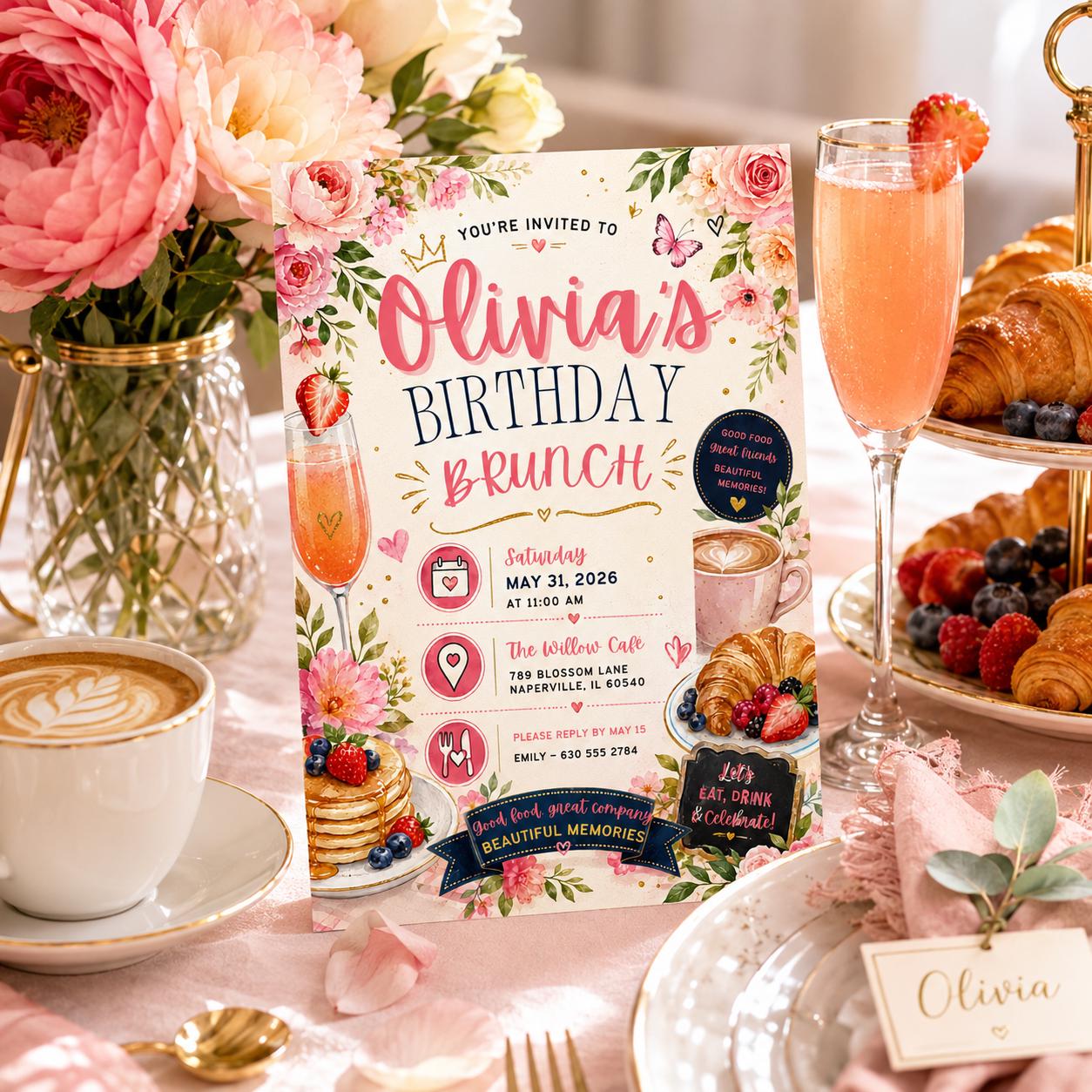 Editable Floral Birthday Invitation Canva Template, Pink Blush Girls Adult Cute Fun DIY Sweet Chic Party Invite, Printable Digital Download.