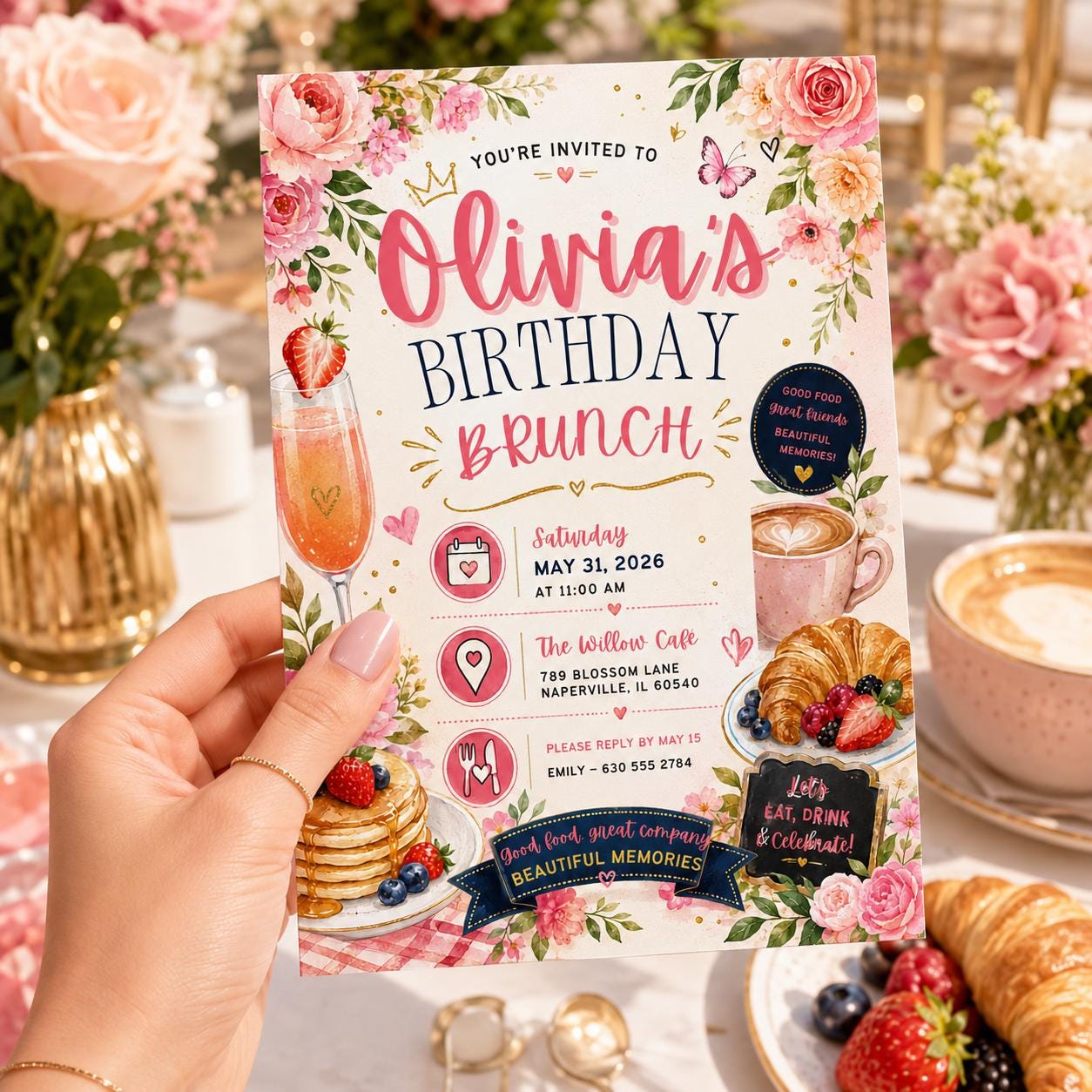 Editable Floral Birthday Invitation Canva Template, Pink Blush Girls Adult Cute Fun DIY Sweet Chic Party Invite, Printable Digital Download.