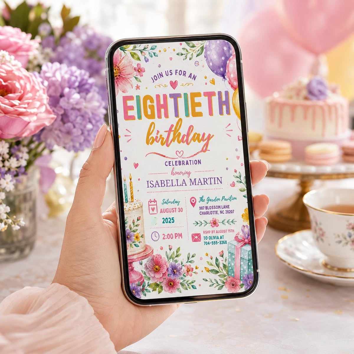 Editable Floral Birthday Invitation Canva Template, Gold Cream Pastel Adult Cute Fun DIY Chic Kids Party Invite, Printable Digital Download.