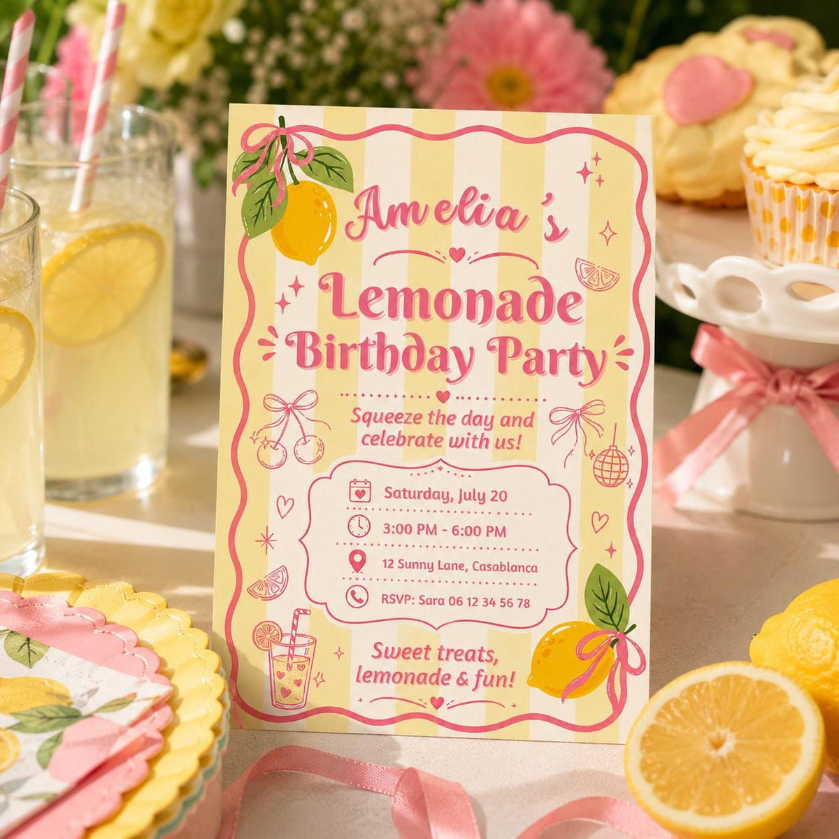 Editable Lemonade Graduation Sign Canva Template, Pink Girls Summer Cute Modern Fun Themed DIY Chic Kids Teen Printable Digital Party Decor.