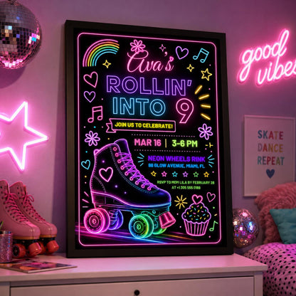 Editable Neon Glow Birthday Invitation Canva Template, Rainbow Girls Neon Cute Modern Fun DIY Chic Party Invite, Printable Digital Download.