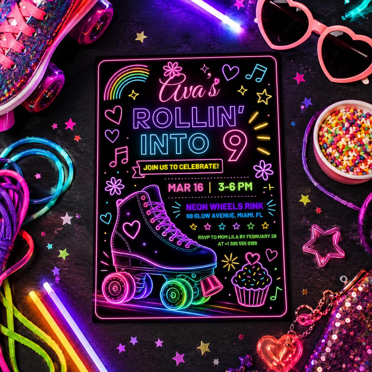 Editable Neon Glow Birthday Invitation Canva Template, Rainbow Girls Neon Cute Modern Fun DIY Chic Party Invite, Printable Digital Download.