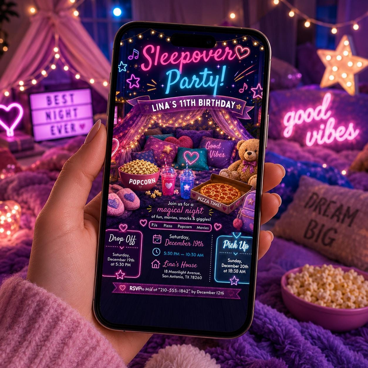 Editable Sleepover Birthday Invitation Canva Template, Girls Kids Teens Cute Modern Fun Themed DIY Party Invite, Printable Digital Download.