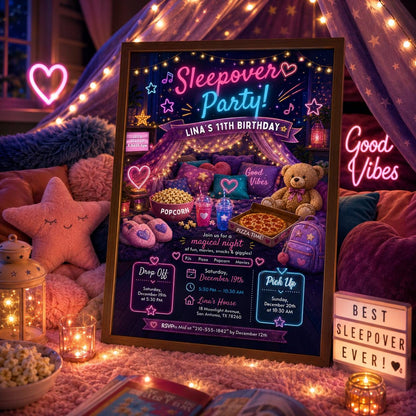 Editable Sleepover Birthday Invitation Canva Template, Girls Kids Teens Cute Modern Fun Themed DIY Party Invite, Printable Digital Download.