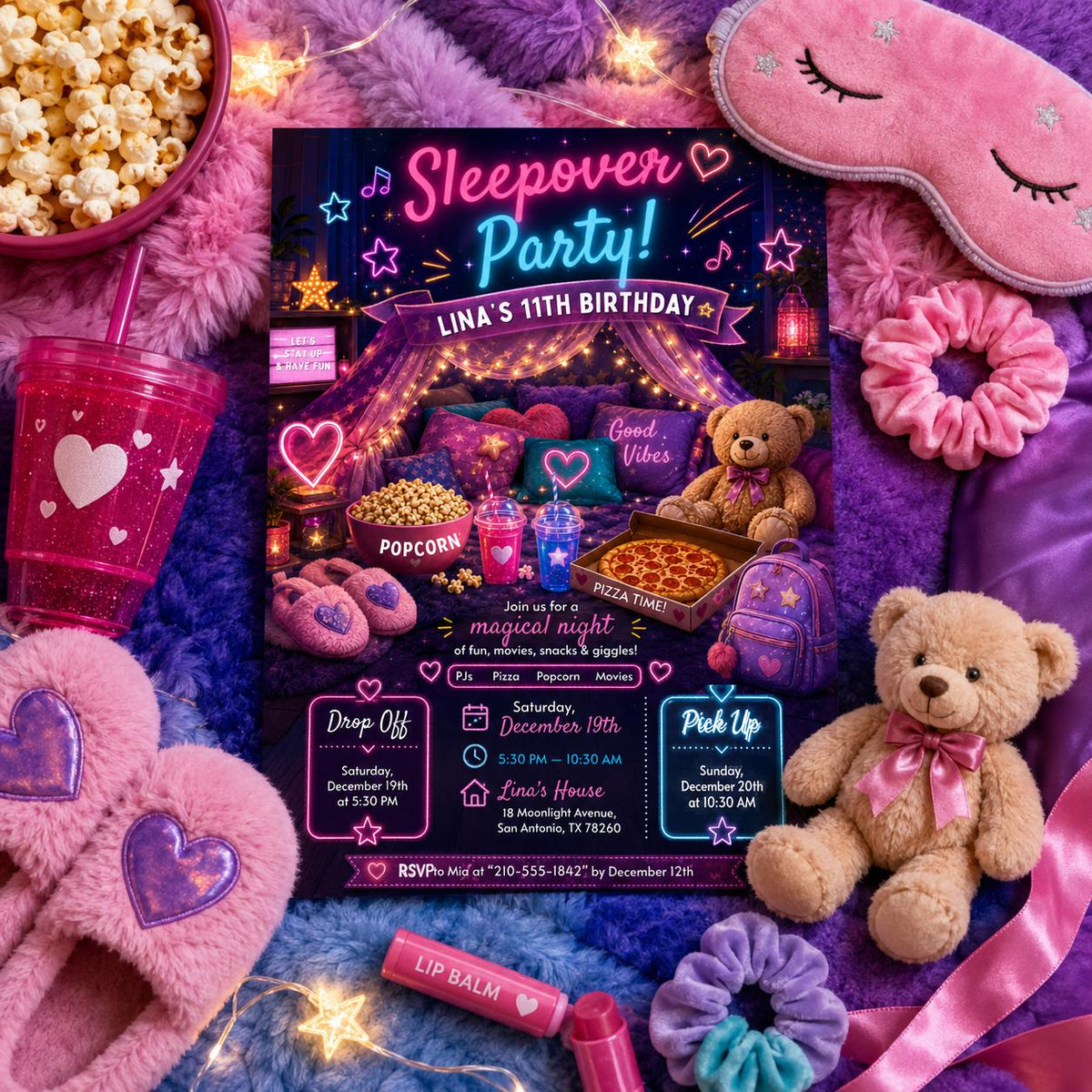 Editable Sleepover Birthday Invitation Canva Template, Girls Kids Teens Cute Modern Fun Themed DIY Party Invite, Printable Digital Download.
