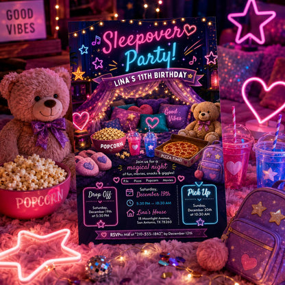 Editable Sleepover Birthday Invitation Canva Template, Girls Kids Teens Cute Modern Fun Themed DIY Party Invite, Printable Digital Download.