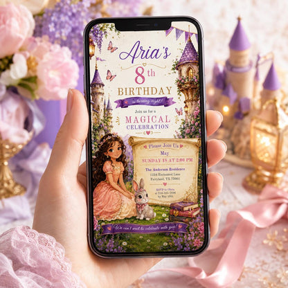 Editable Princess Birthday Invitation Canva Template, Girls Cute Modern Fun Themed Custom DIY Chic Party Invite, Printable Digital Download.