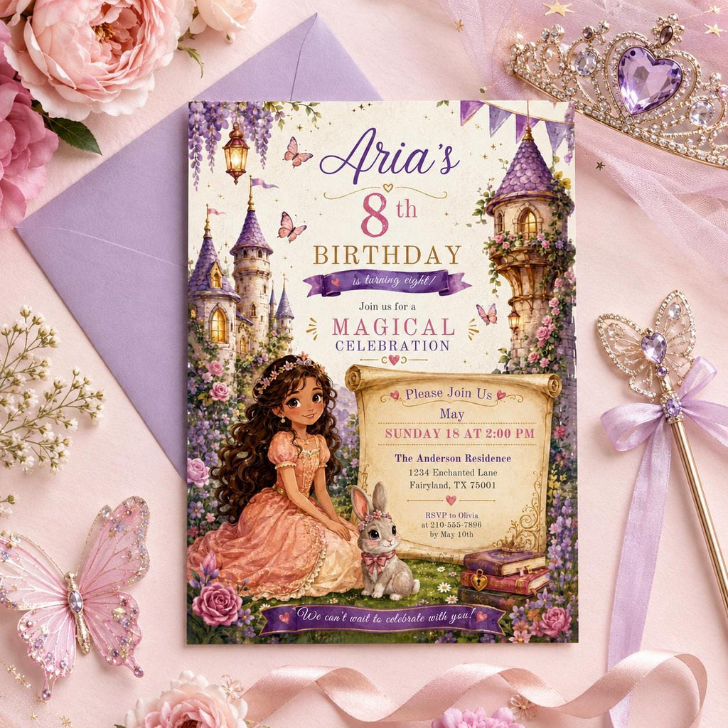 Editable Princess Birthday Invitation Canva Template, Girls Cute Modern Fun Themed Custom DIY Chic Party Invite, Printable Digital Download.